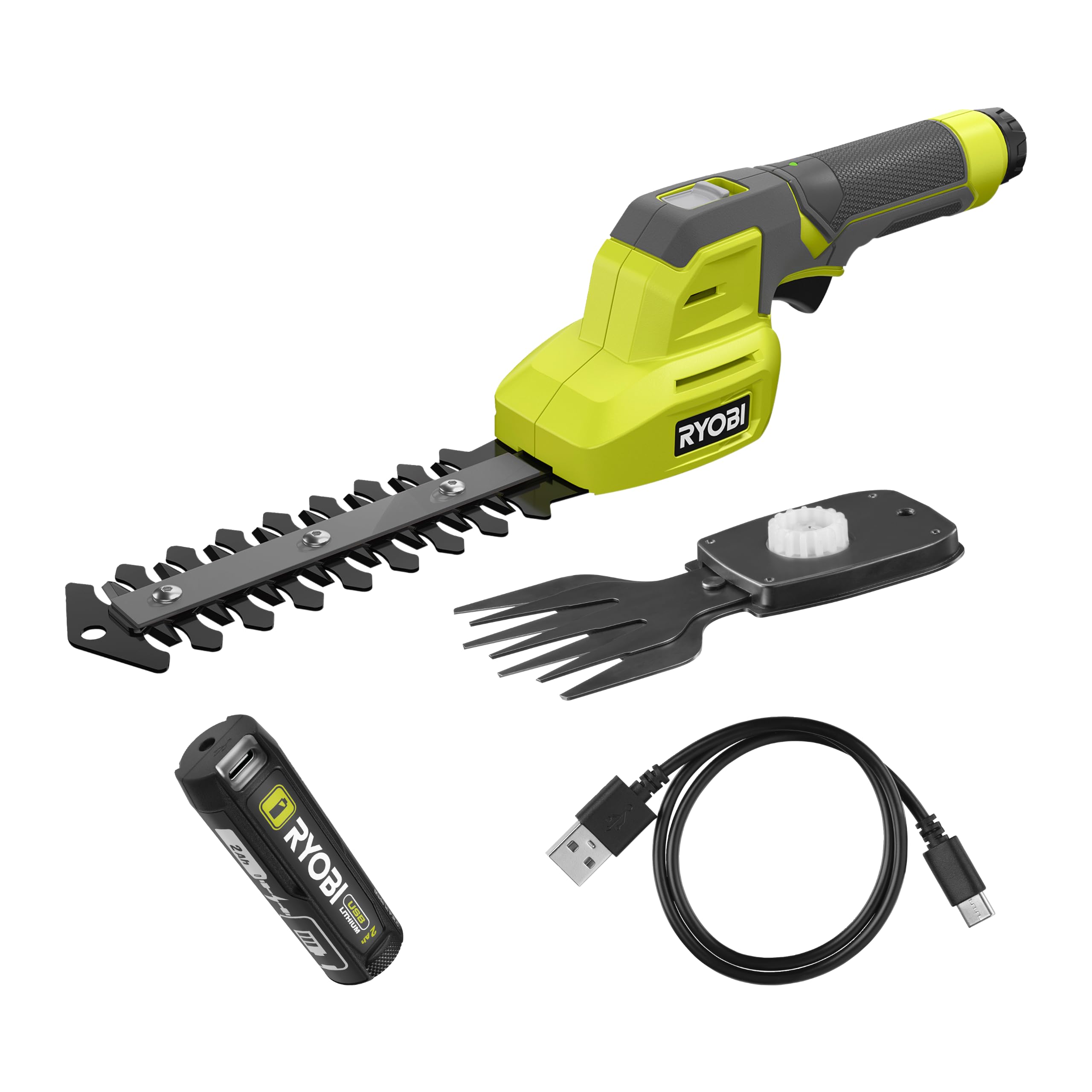 RYOBI Cisaille à Gazon et Sculpteur de Végétaux 4V USB Lithium RY4CGSA-120 – Taille Buis, Bordures, Topiaires et Petits Arbustes, Lames Interchangeables, Batterie 2,0 Ah USB-C Incluse