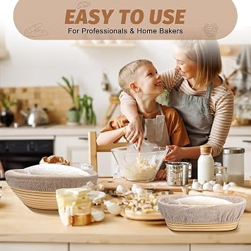 Banneton Bread Proofing Basket Set, 9 Inch Round & 10 Inch Oval Sourdough Proving Basket, 100% Natural Rattan, Sourdough Bread Making Kit with Cloth Liner, Bread Lame, Dough Whisk, Scrapers & Brush