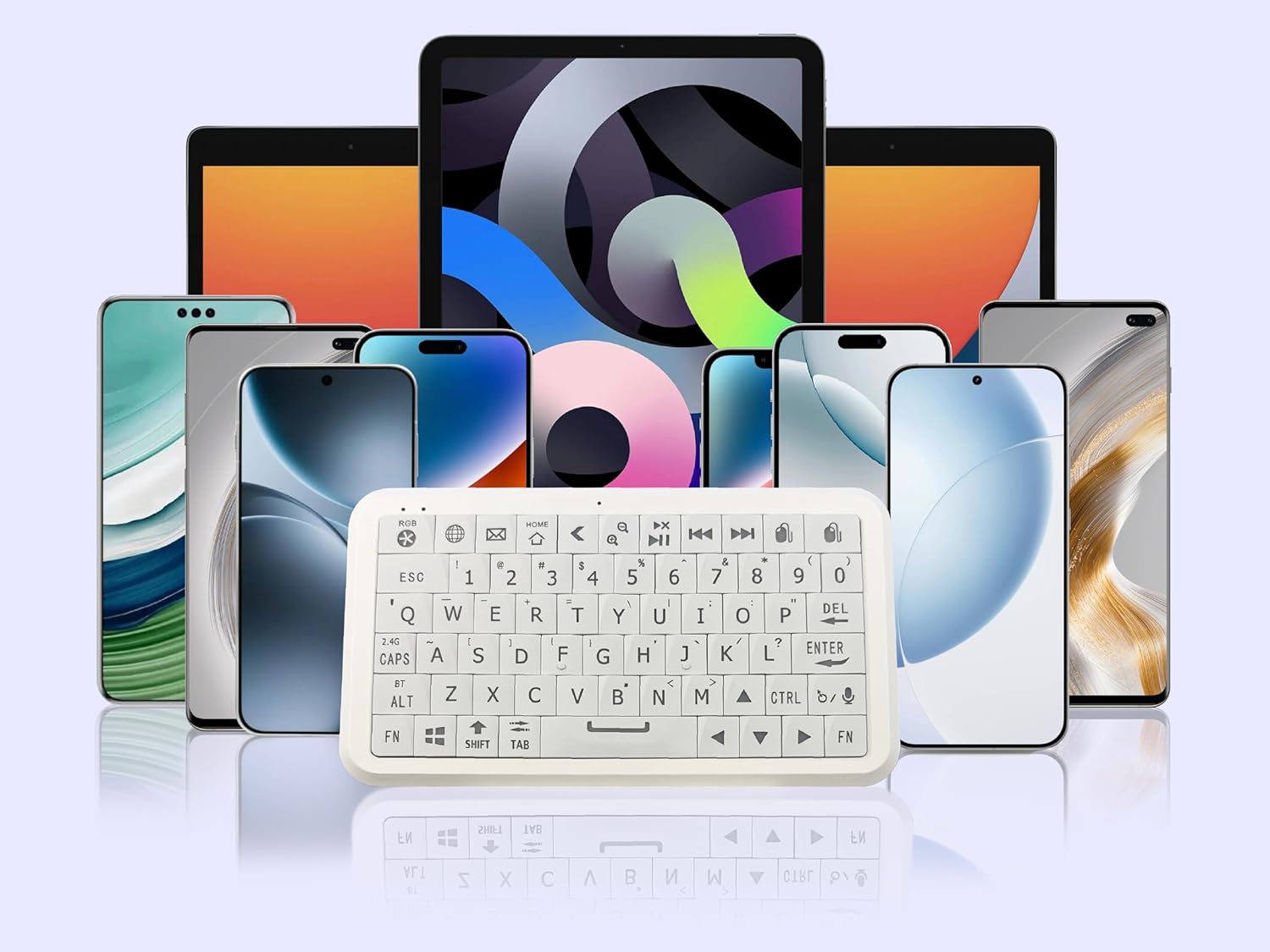 Mini Keyboard with Bluetooth 5.0/2.4G Dual Mode, Gyroscopic Motion Mouse, 64 Keys, RGB Backlight Options, Rechargeable Battery, Type-C Win/iOS/Android/(White)