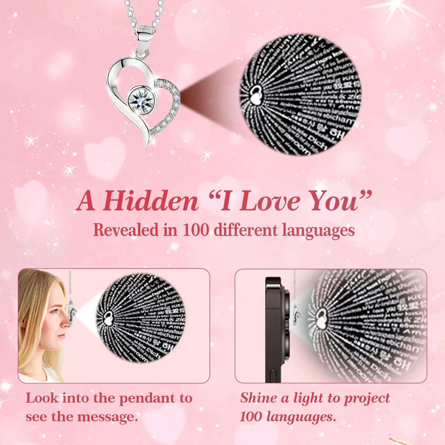 Valentines Day Gifts for Her Women Girlfriend Wife Fiancée - Preserved Real Rose with Heart Necklace “I Love You” in 100 Languages, Valentine's Forever Flowers - Image 3