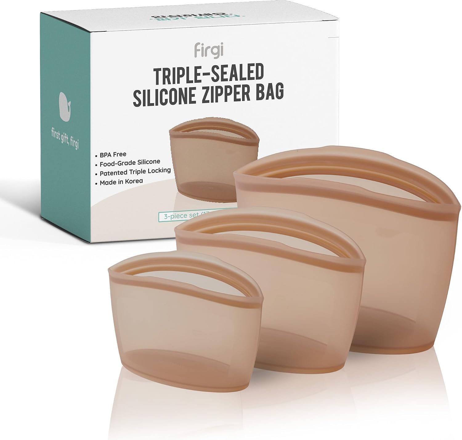 Reusable Silicone Food Storage Bags, 3-Pack Variety Set (2, 3.5, 6 Cups), Made in Korea BPA-Free Silicone, Triple-Airtight Freezer Bags, Microwave Safe, Sous Vide, Zip Lock Pouch, Brown