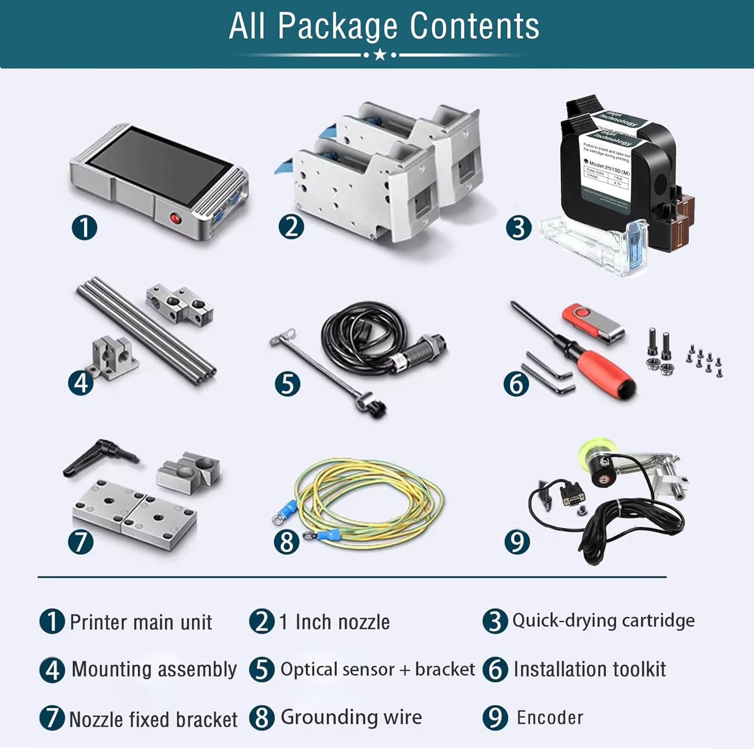 Diagram showing all components included in the Phezer Inkjet Coding Machine package