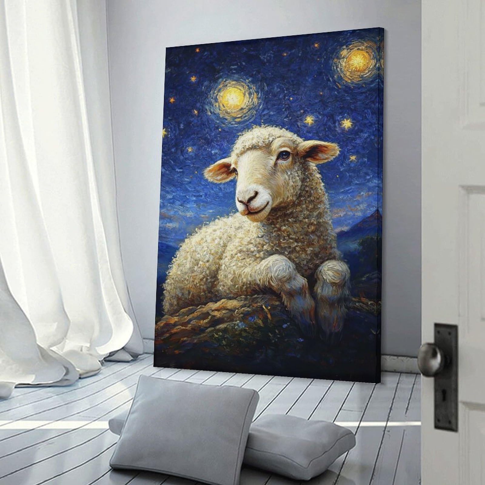 Junmoney Canvas Wall Art Sheep Under Starry Night, 20x30inch(50x75cm), for Living Room, Bedroom, Office Or Hallway, Decorative Artwork with Broad Appeal