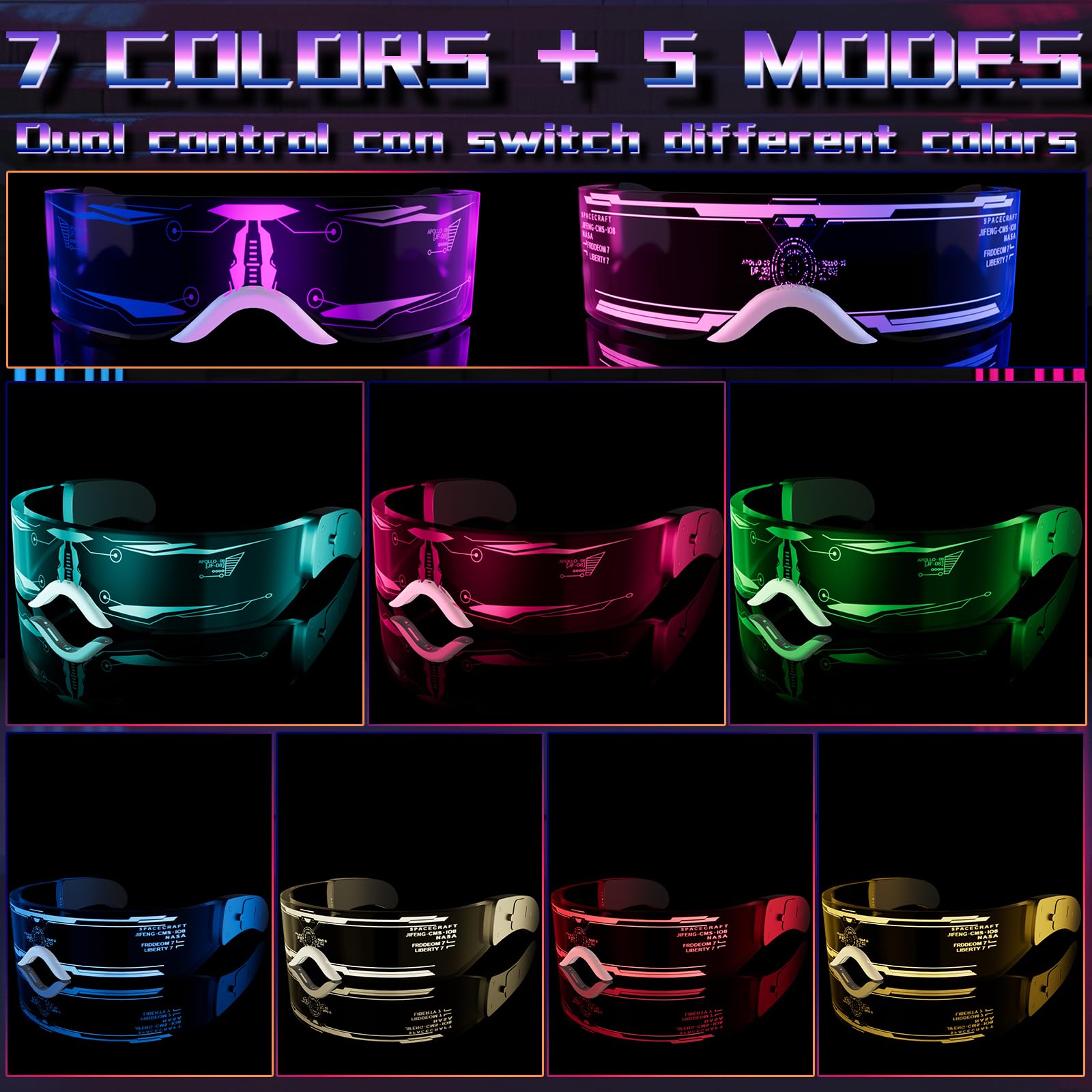 Tanganan 2pcs LED Visor Glasses, LED Light Up Glasses Neon Luminous Glasses 7 Color 5 Modes Cool LED Glasses for Adult (style C) - Image 2