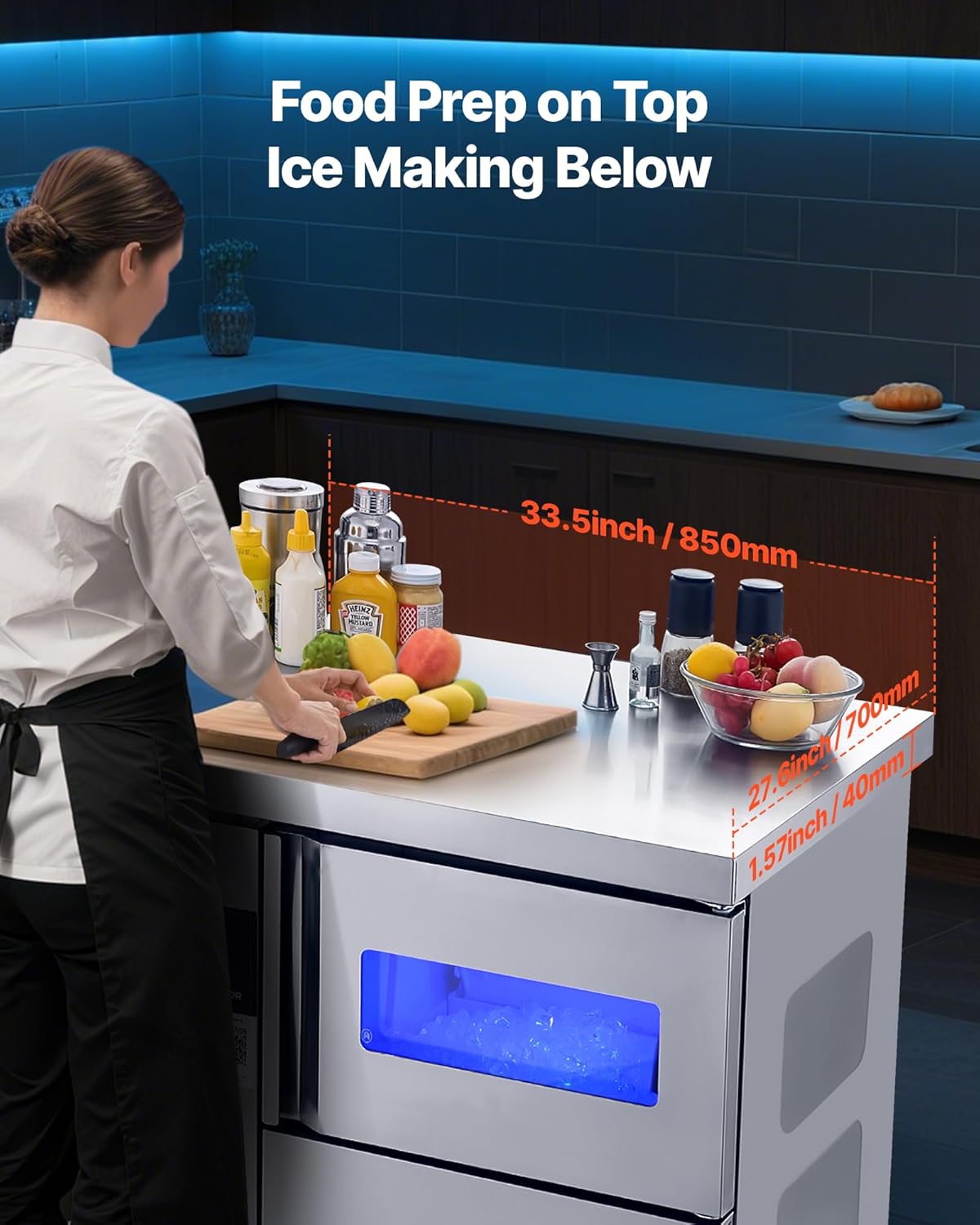 Chef preparing food on the worktop of the VEVOR Commercial Ice Maker Machine SY60