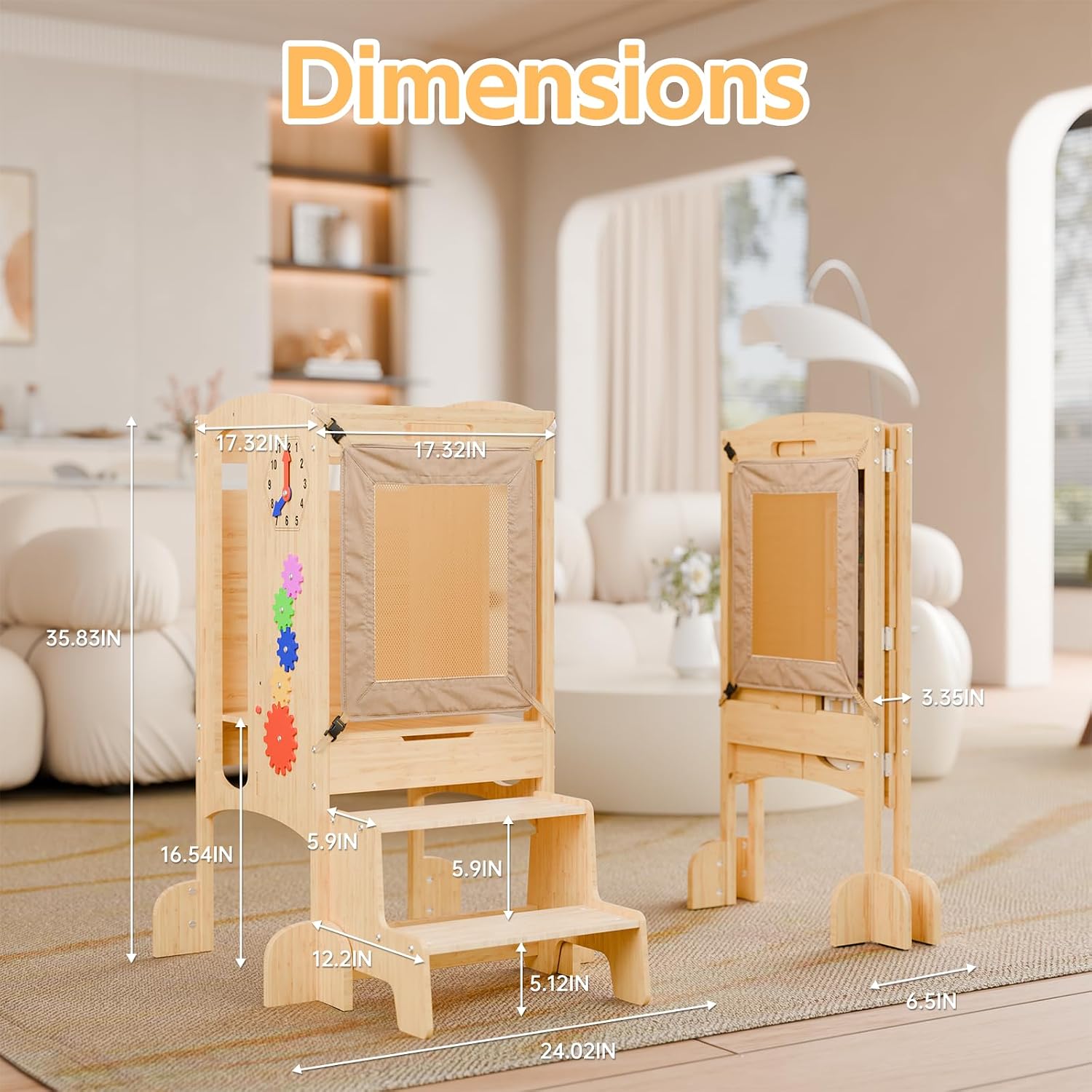 Toddler Tower, 6 in 1 Foldable Toddler Tower with 2 Step Stool,Toddler Standing Tower with Safety Equipment and Chalkboard