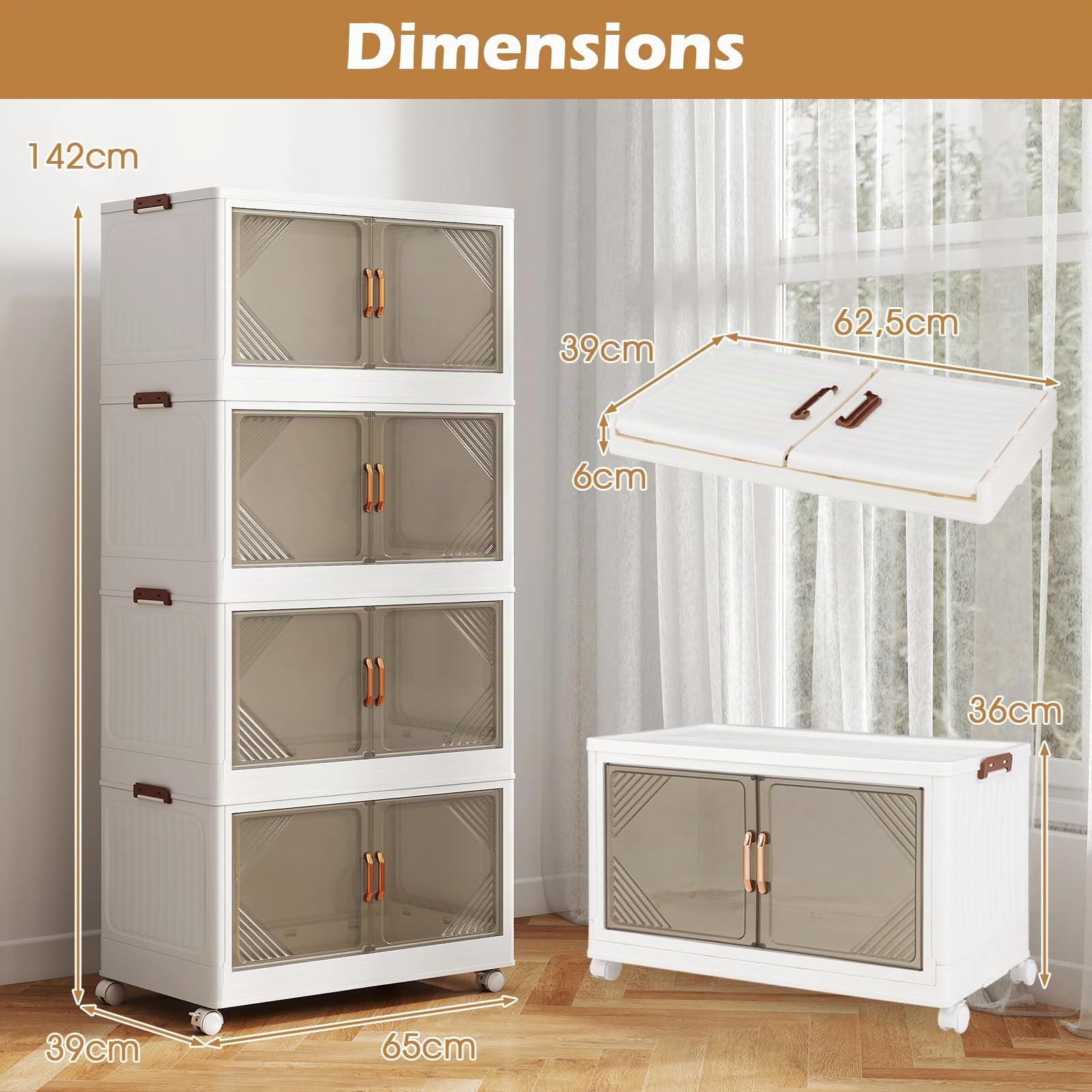 GOPLUS Boite Rangement Empilable et Pliable à 4 Niveaux en PP, Caisse Rangement avec roulettes, 71L par Niveaux, Couvercle Amovible, Portes Magnétique, Boucles Latéraux, Chambre, Salon