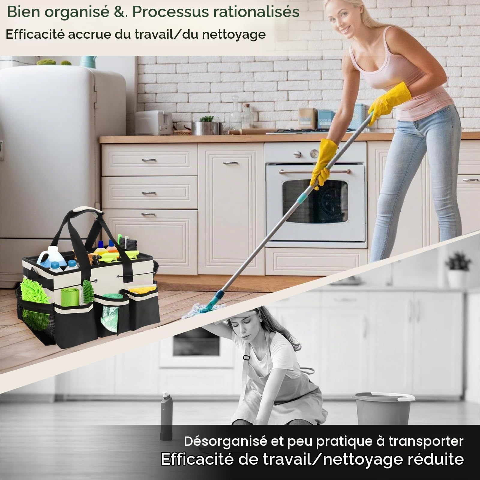 Qivine Grand Panier Rangement de Nettoyage, 5 Compartiments Seau de Rangement avec Séparateur Réglable, Organisateur de Caddie Sac de Nettoyage avec Poignée pour la Maison et la Voiture (Blanc)