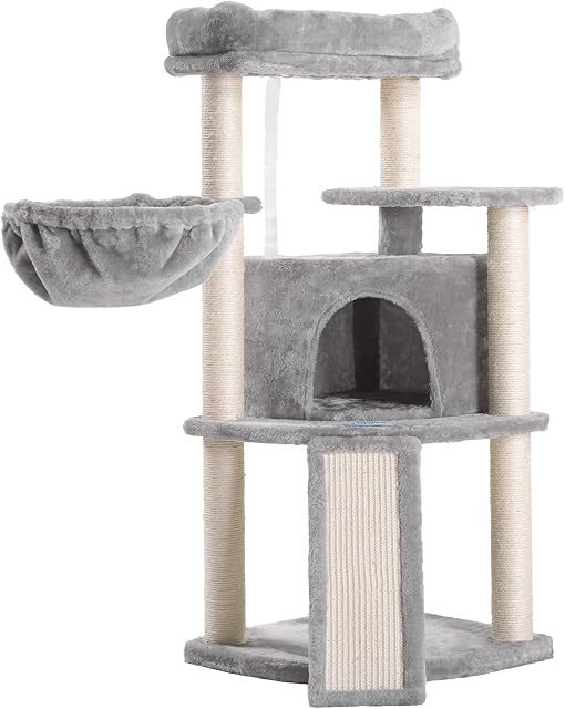 Hey-brother 103cm Cat Tree with Full Sisal Posts and Scratching Board, Cat Tower with Padded Plush Perch and Cozy Basket Light Gray MPJ003W