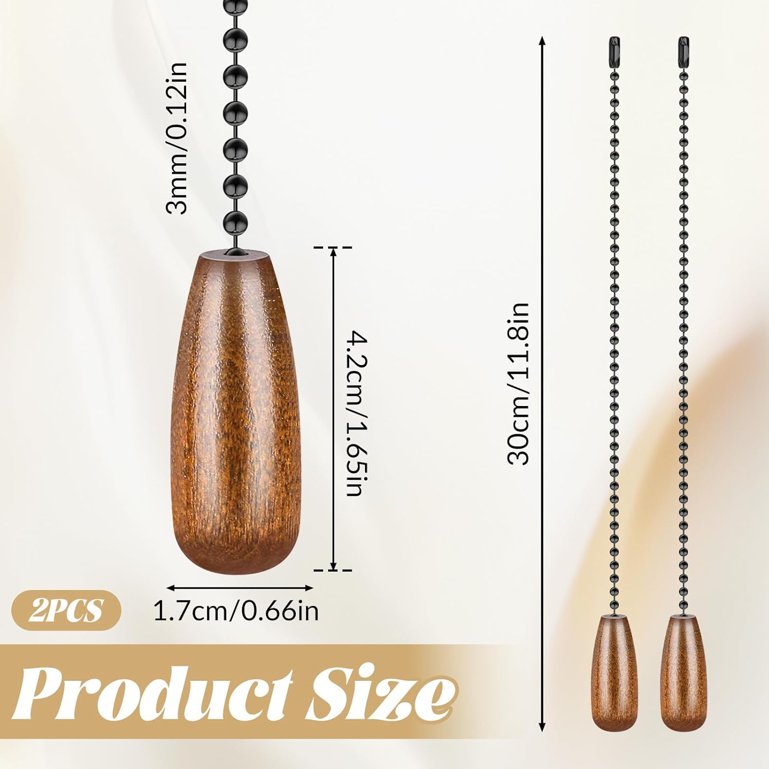 2 Pcs Ceiling Fan Pull Chain Extender Wooden Ceiling Fan Pull Chain Set Wooden Decorative Pendant Extension Chains 12 Inches Long 3mm Diameter Beaded Ball Chains with Connector