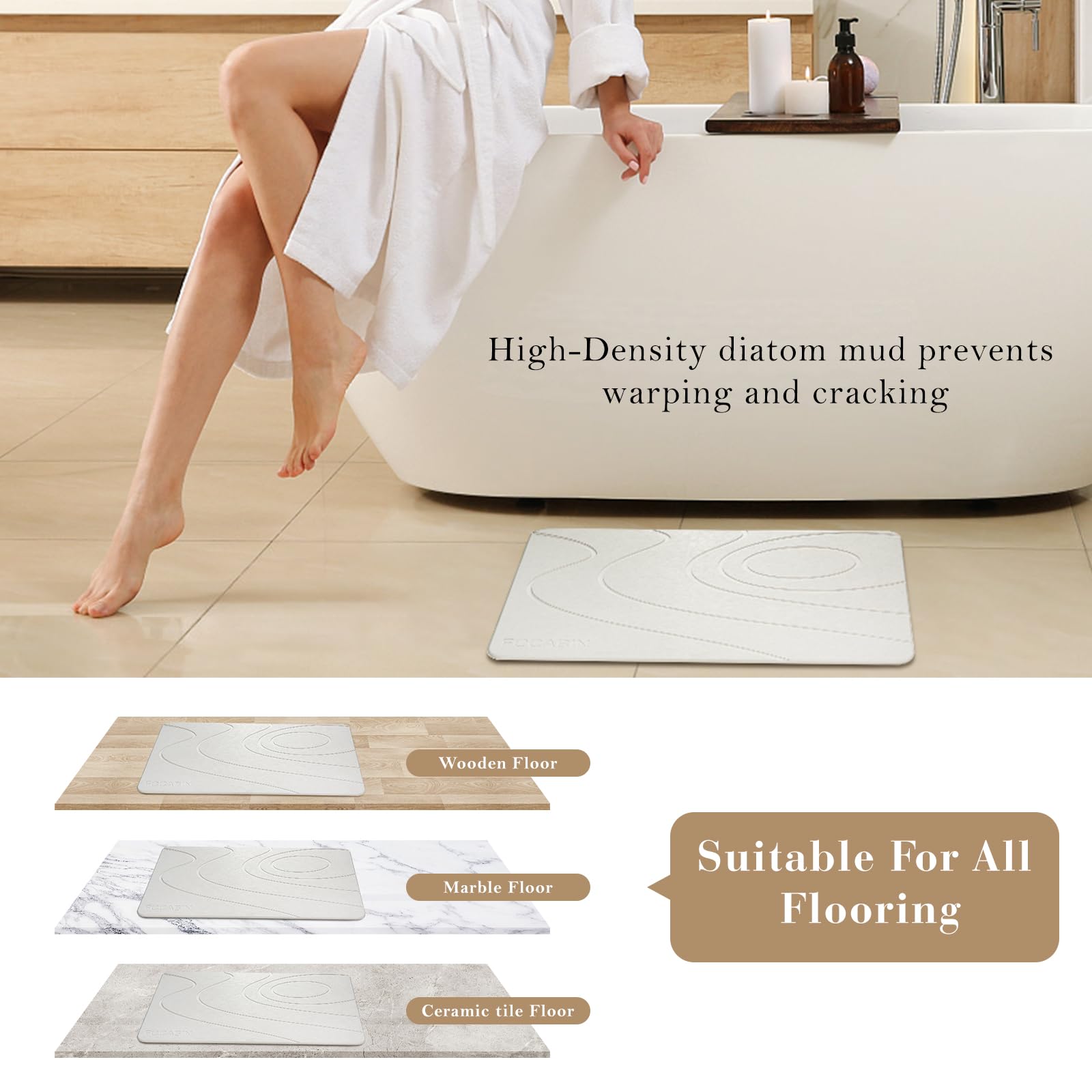 Fccabin Shower Stone Bath Mat Large,Super Absorbent Non-Slip Diatomaceous Earth Shower Bath Mat,Quick Drying Shower Stone Mat for Bathroom Floor,Tub,Kitch Natural Easy to Clean(23.7x15.4 White)