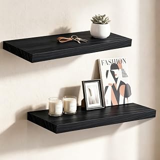 Gohytal Floating Wall Shelf, Wall Shelf 40cm, Bookcase Kitchen Regal Wall Regal with Pendant for Bedroom, Kitchen, Office, Living Room, Bathroom Etc (Black - 2 Pack)