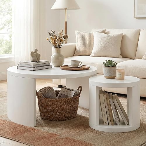Miniatura 11 de Juego de 2 mesas auxiliares redondas, mesas auxiliares anidables con almacenamiento, juego de mesa de sala de estar, mesa central de madera moderna