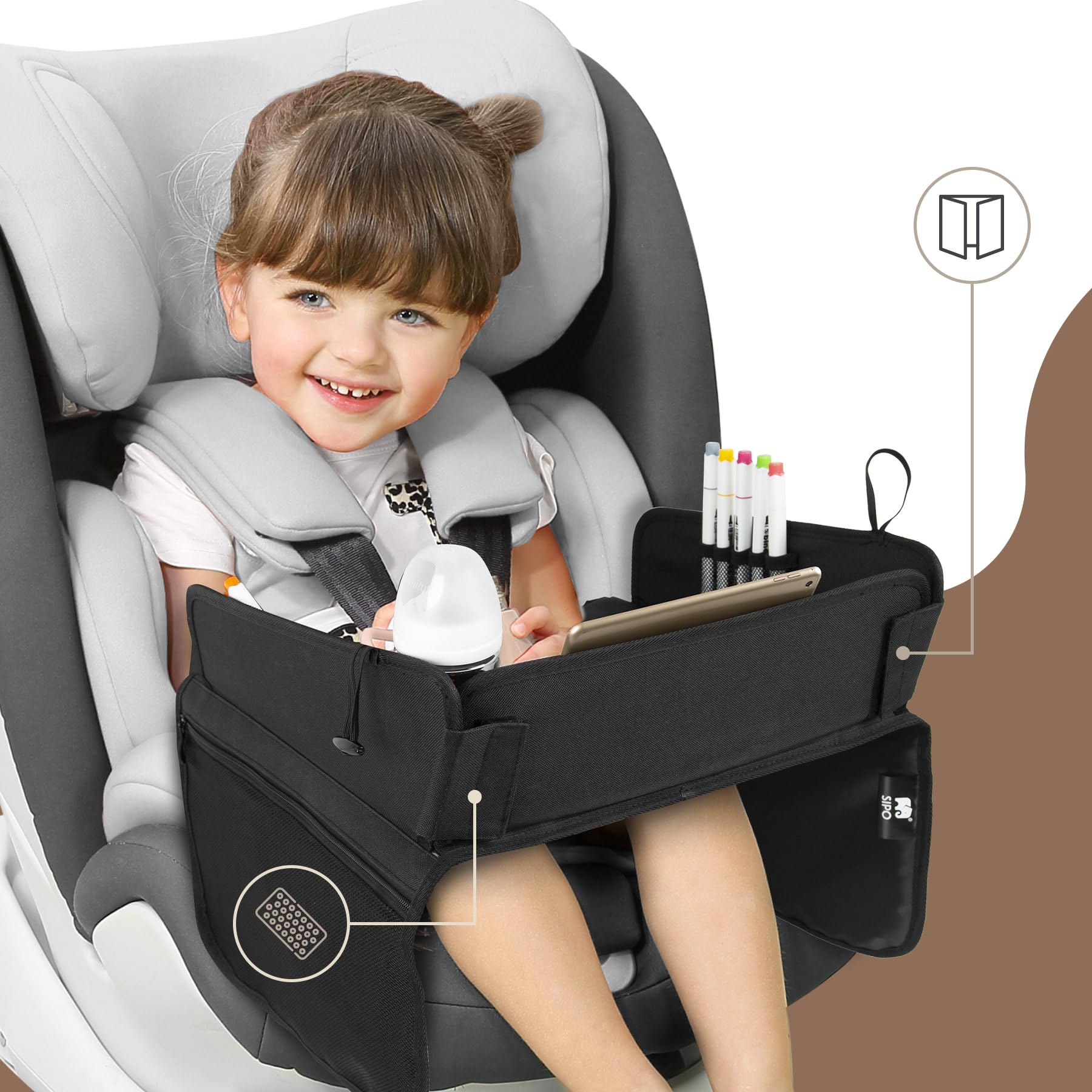 SIPO Reise-Tablett für Kindersitze – Klapptablett mit Trockenlöschfläche, Tablet-Halter (bis 11″), Getränkehalter & Taschen – faltbar, leicht, universell – Schwarz