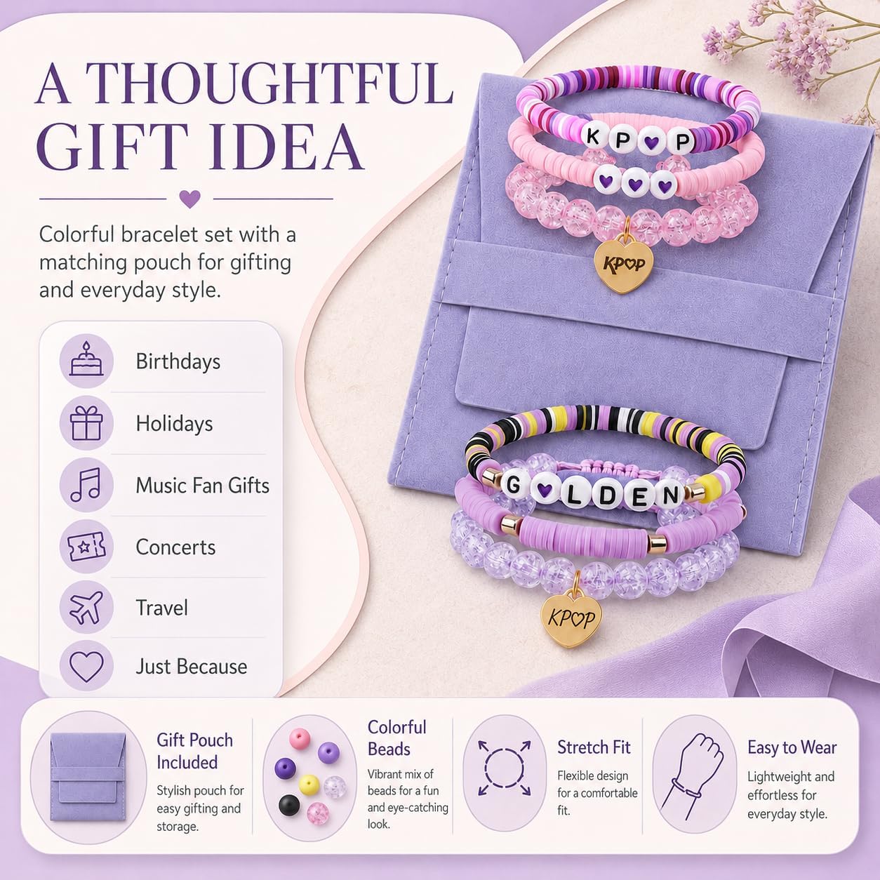 KPop Inspired Bracelet Set - 2 Stackable Beaded Bracelets with Lavender Jewelry Pouch, Purple Pop Music Fan Jewelry Gift for Women, Concert Party Accessories image 5