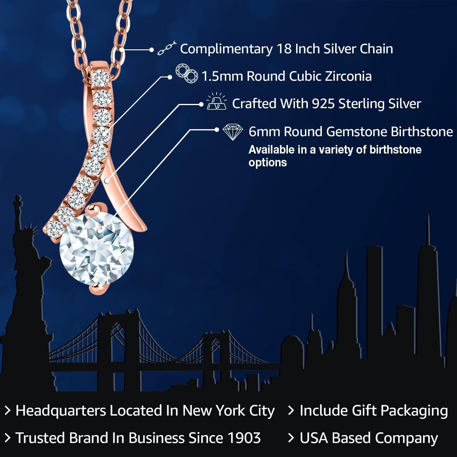 Gem Stone King 18K Rose Gold Round 6MM Gemstone Birthstone Pendant Necklace For Women | With 18 Inch Chain | Fine Jewelry Gifts for Her Mom Women Wife