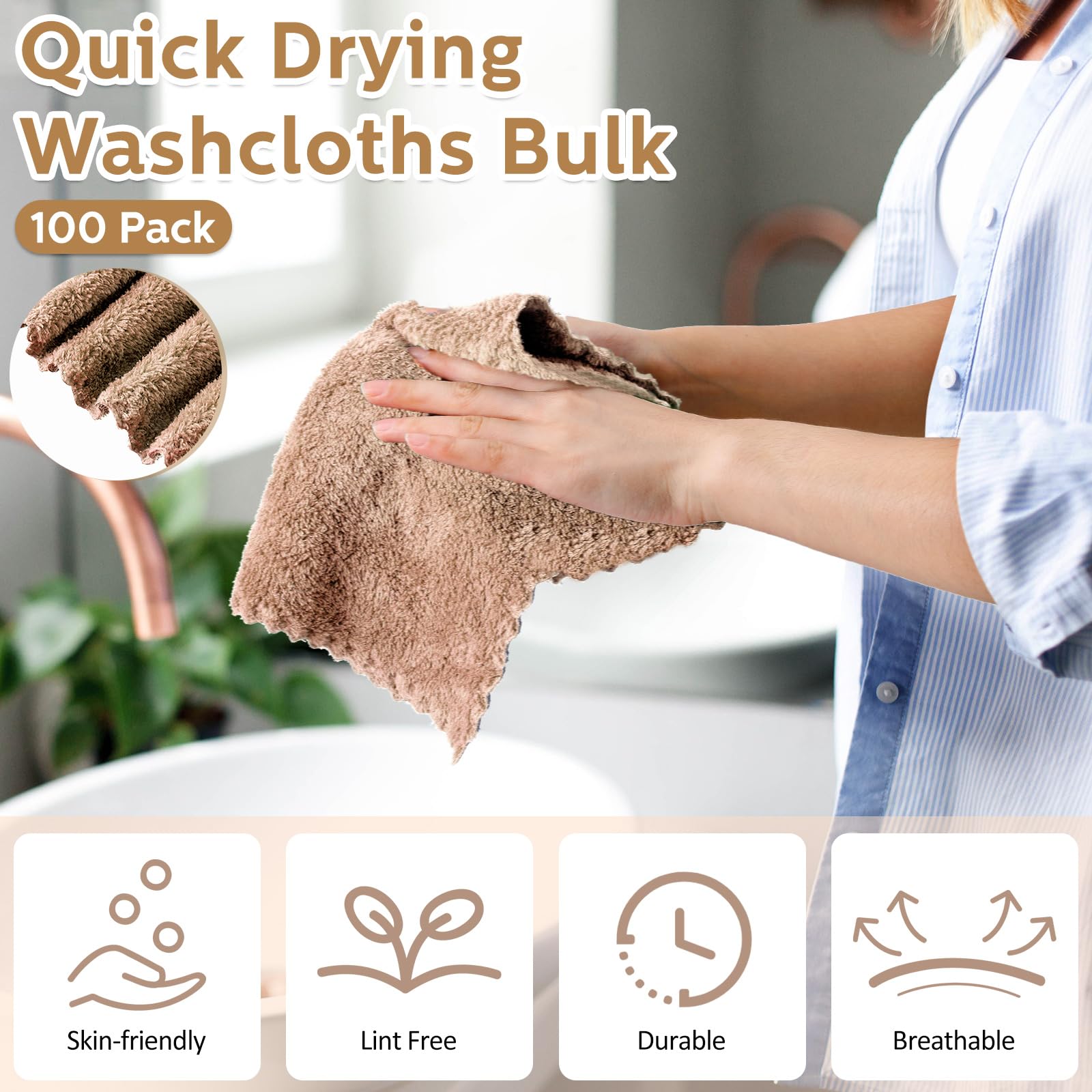 Newwiee 100 paños de baño de secado rápido a granel, 12 x 12 pulgadas, toallas faciales de microfibra suave para tu cuerpo, toallas faciales para spa (café)