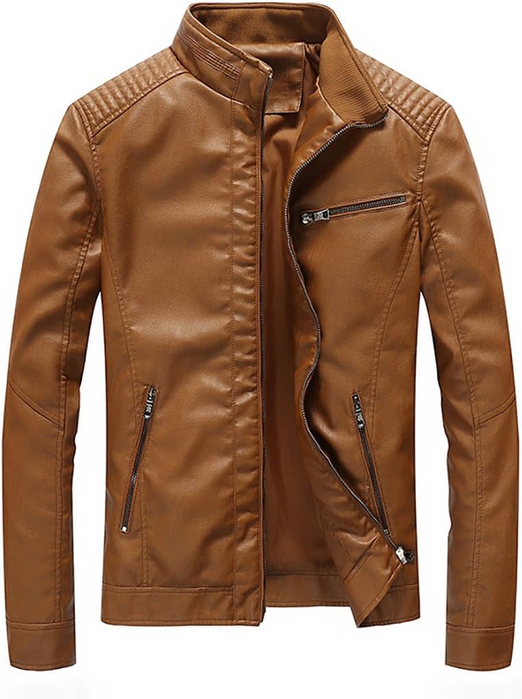 Nantersan Men's Leather Jacket Stand Collar Slim PU Mens Faux Fur Coats Motorcycle Jacket