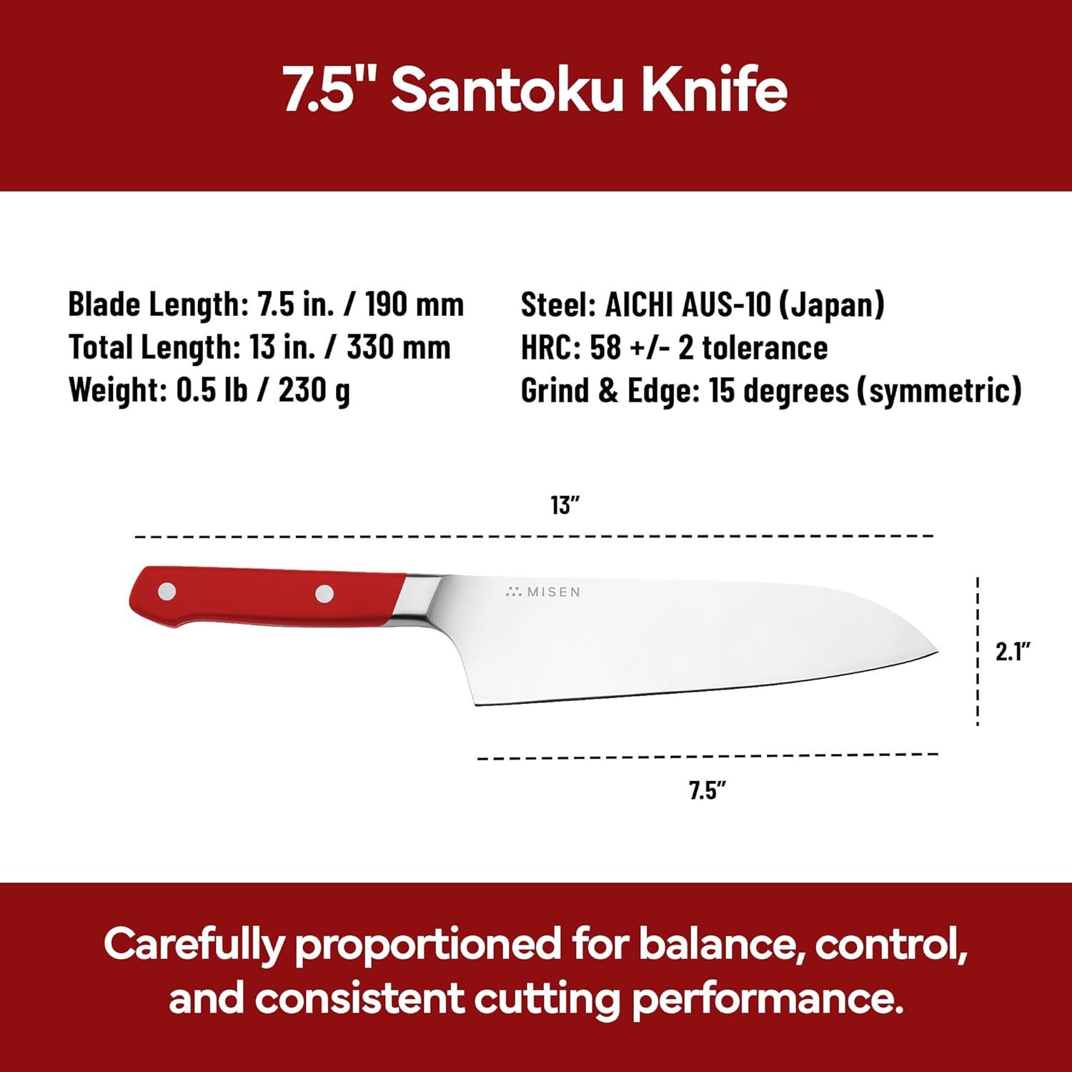 Misen Japanese Santoku Chef Knife - 7.5 Inch High Carbon Stainless Steel - Classic Japanese Knife Design for Cutting, Slicing, and Chopping - Razor Sharp Japanese Style Kitchen Knife, Red