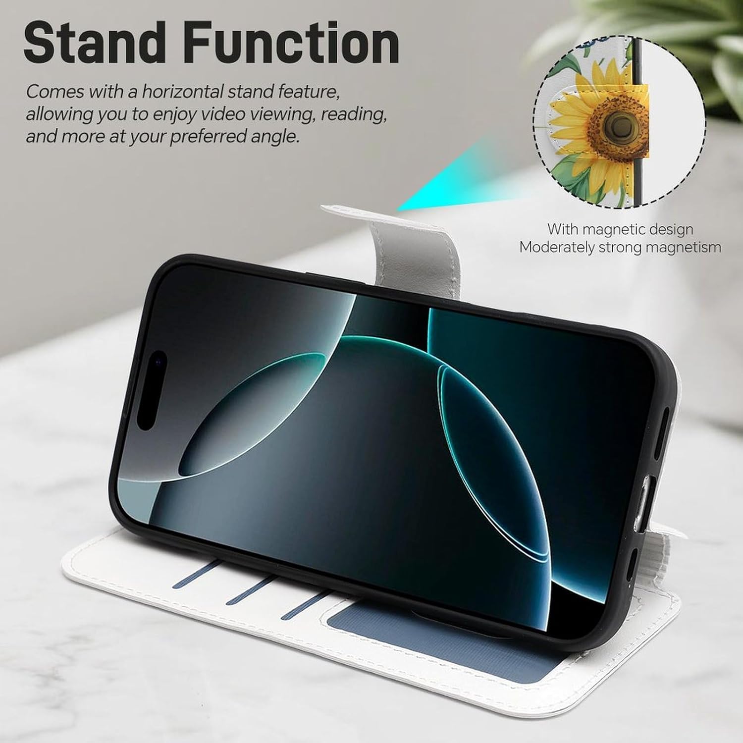 Blue Jay Birds Sunflowers Butterfly Compatible with iPhone 16/16 Plus/16 Pro/16 Pro Max/16 E Case Phone Wallet Card Holder Flip Cover with Wrist Strap