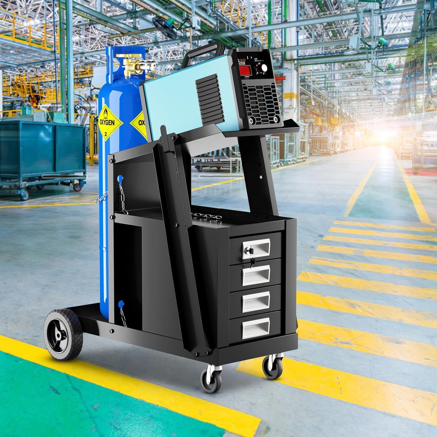 GYMAX Carro de Soldadura Rodante con 4 Cajones, Carga 45 kg, Carro de Herramientas con Almacenamiento y Cadena de Seguridad, para Soldadores y Cortadores de Plasma para Garaje, Taller