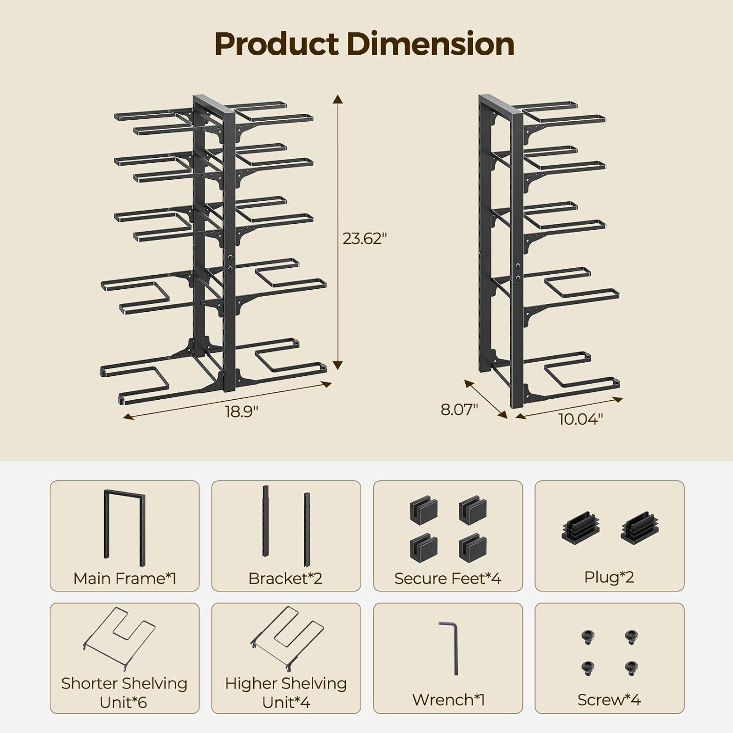 LAMU 10-Tier Pots and Pans Organizer under Cabinet, 23.62" Height Heavy Duty Pots Pans Organizer Rack for inside Cabinet Adjustable for Big Stockpots, Dutch Oven, Cast-iron Pans, Heavy Cookware