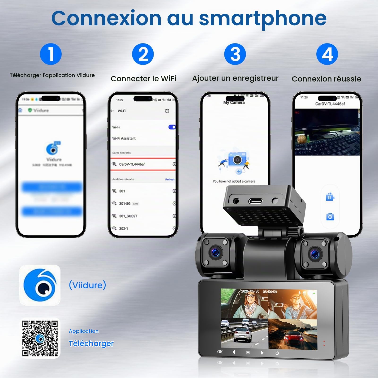 Hodozzy 2K Dashcam Voiture 360° avec 5GHz WiFi, 4 Caméras Avant Arrière Intérieur Gauche, Nachtsicht Ohne Licht, Écran Tactile IPS 3", Enregistrement en Boucle, Capteur G,Aide à la Marche arrière