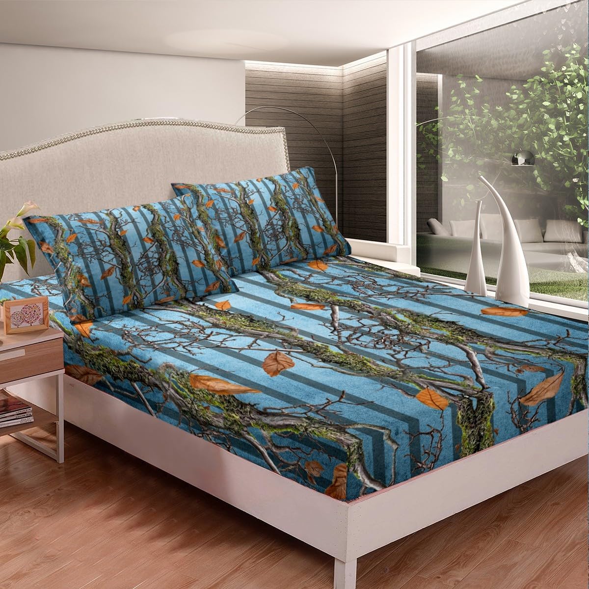 Tree Branches Kids Fitted Sheet Queen Size,Wild Hunting Botanical Leaves Rustic Cabin Bedding Set,Boys Girls Room Decor,Geometric Stripes Patch Bed Cover,Blue Bed Sheet,2 Pillowcases(No Top Sheet)
