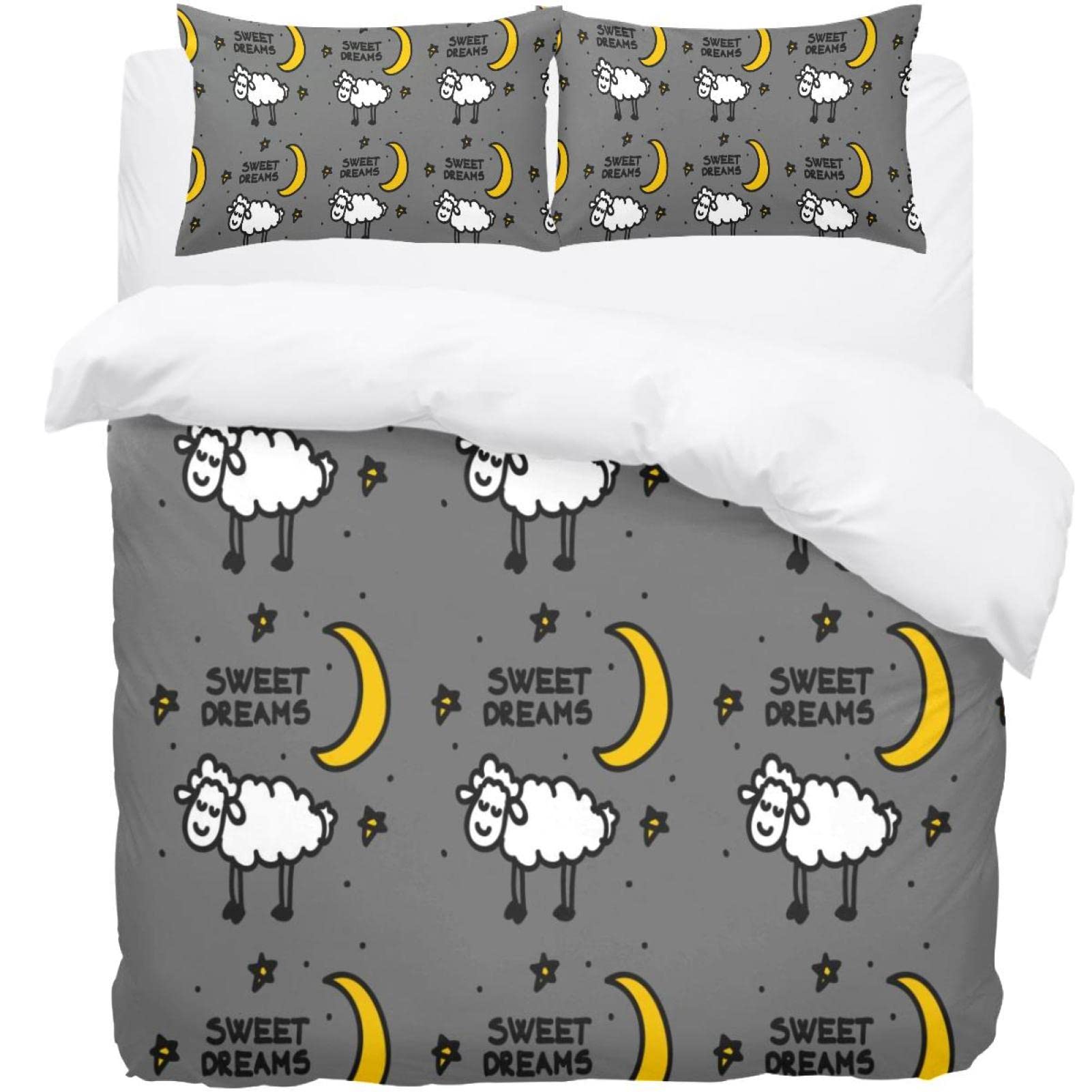 Housse de couette grise motif moutons lune parure de lit simple 3 pièces taies d'oreiller
