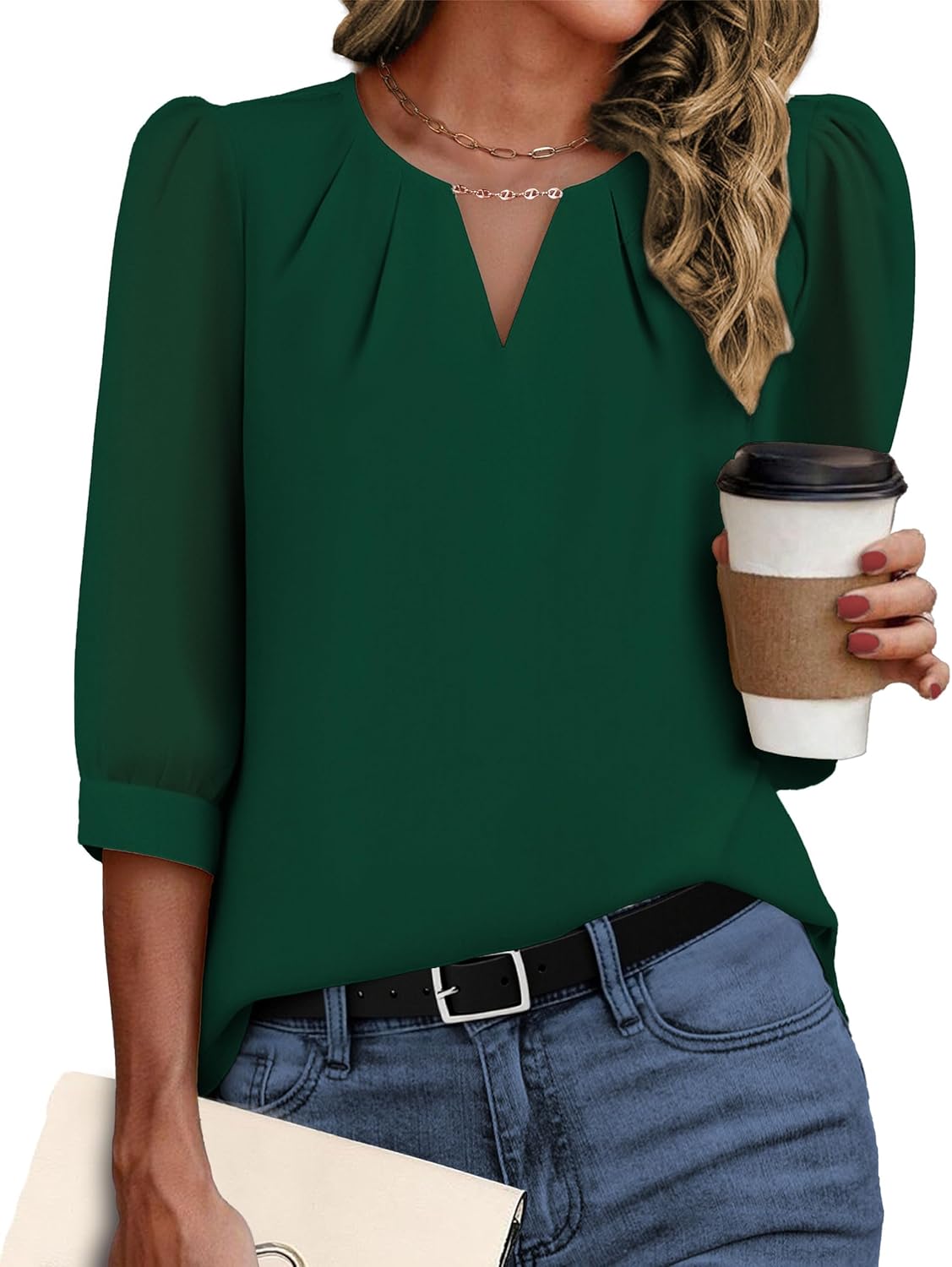 3/4 Length Sleeve Womens Tops Work Business Dressy Casual Blouses Chiffon Elegant Shirts Fashion Outfits