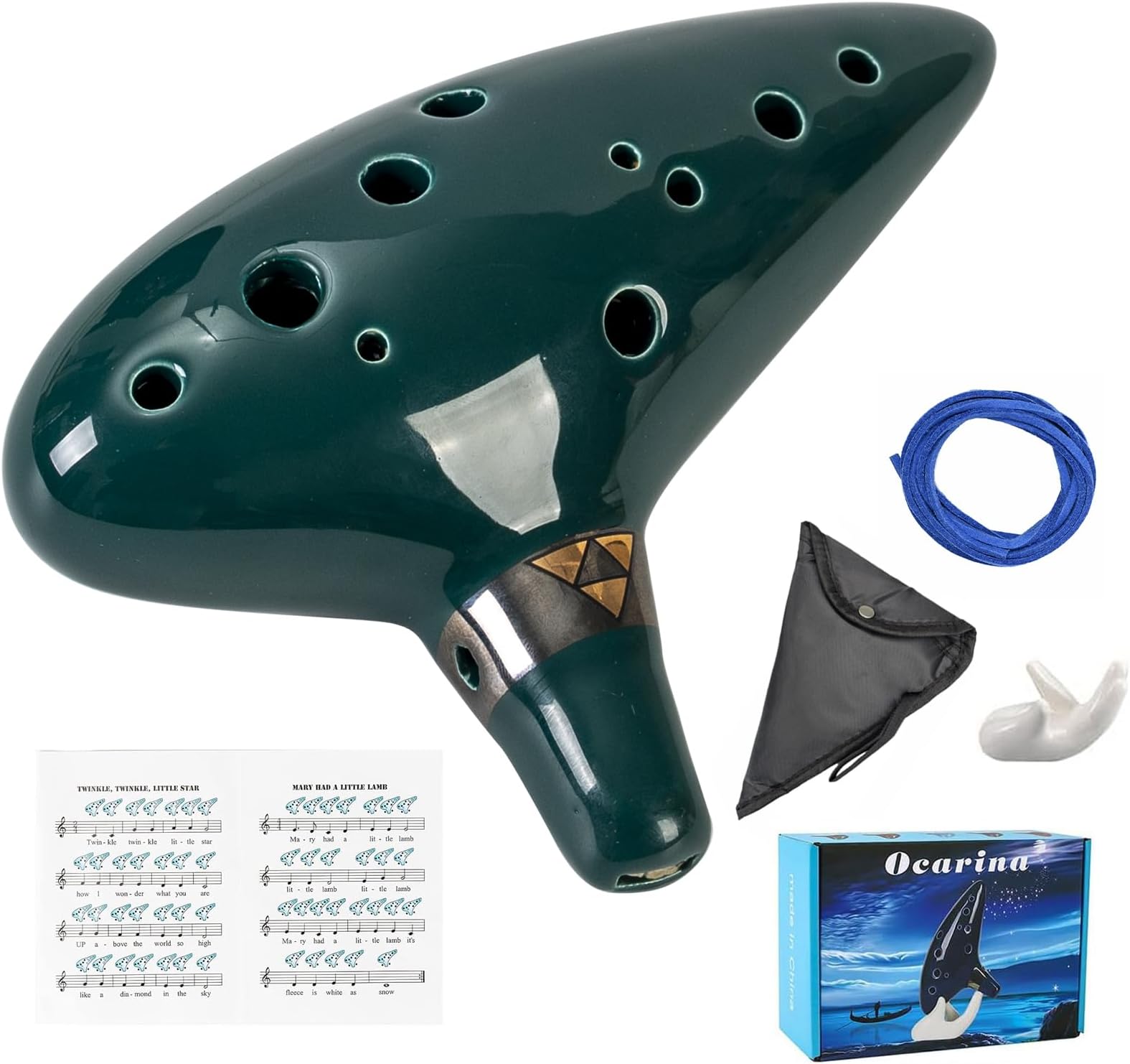 12-Hole Natural Clay Ocarina with Accessories, Beginner-Friendly Musical Instrument Gift Box (Dark Blue)