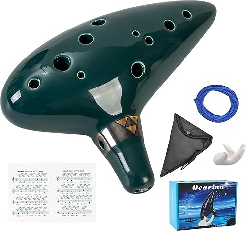 Mulucky Ocarina de arcilla natural de 12 agujeros con accesorios | Caja de regalo para instrumentos musicales para principiantes, color verde oscuro