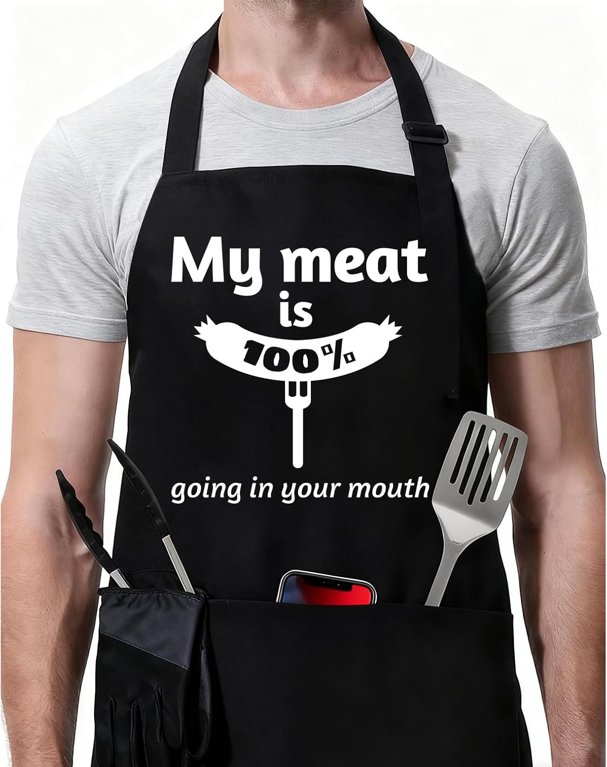 Rosoz Funny BBQ Black Chef Aprons for Men Adjustable Kitchen Cooking Aprons