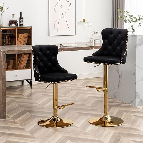 Miniatura 2 de Riknuxi Juego de 4 taburetes de bar de terciopelo, taburetes de bar de altura de mostrador con borde de botón y cabezas de clavos, taburetes de bar