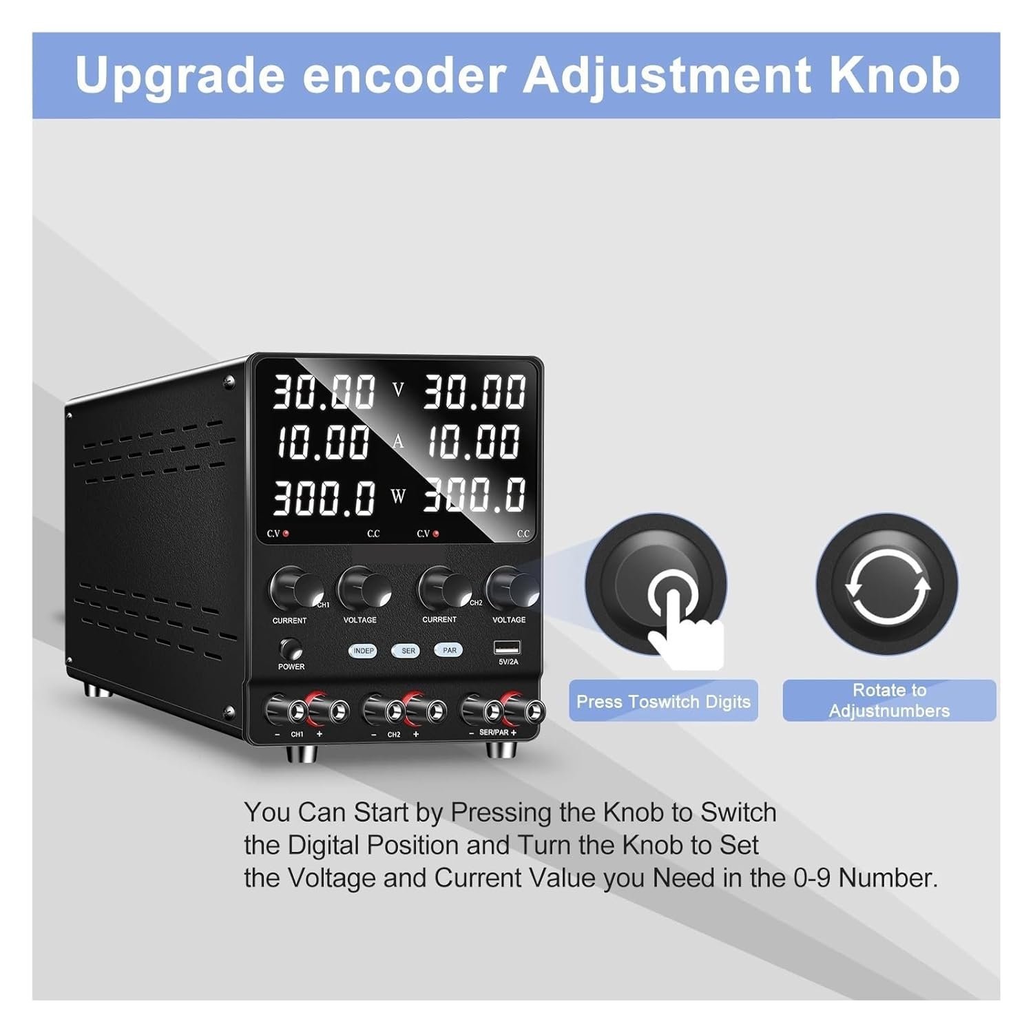 30V 10A デュアルチャンネルベンチ電源（LEDディスプレイ付き）ラボ電源出力調整可能 60V/20A 修理用 強力な放熱性、低