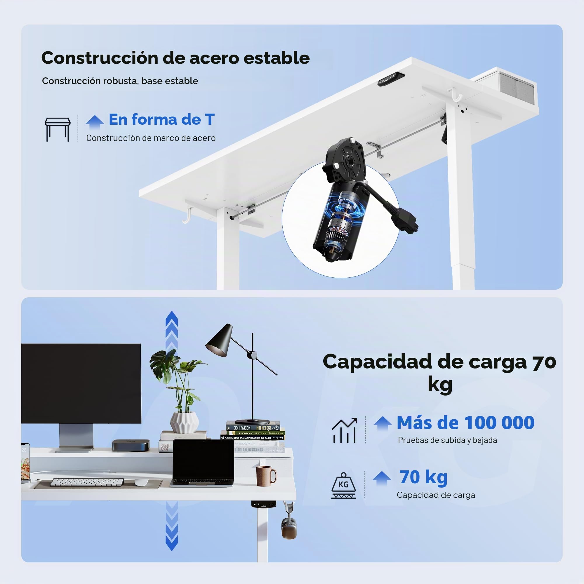 Agilestic Escritorio Elevable Eléctrico 100x60 cm 2 Cajones, Blanco | Altura eléctrica regulable con 2 memorias, anticolisión y motor silencioso. Carga 70 kg, ideal oficina/gaming.