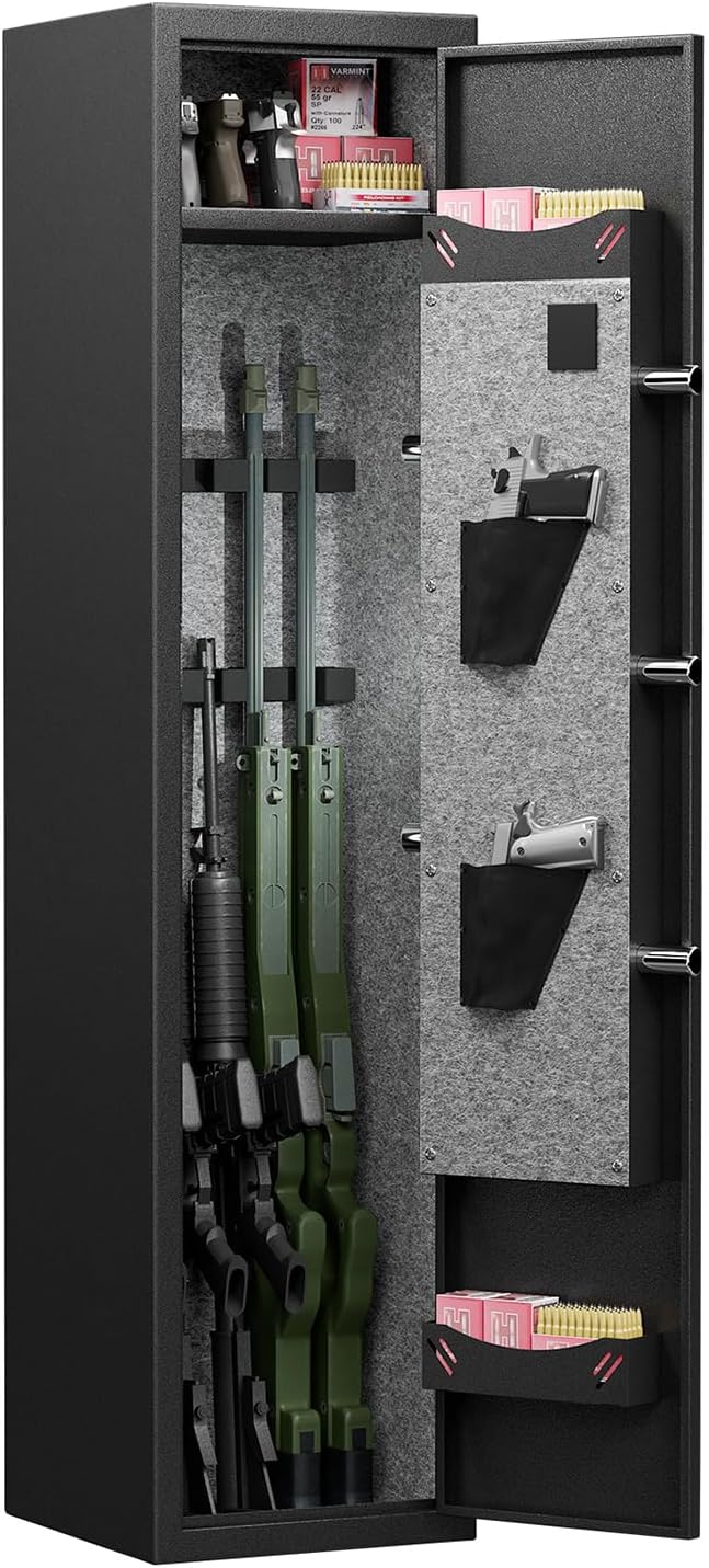 3-4 Gun Safe for Rifles Pistols Shotguns | Quick Access Digital Lock Security Cabinet | Heavy Duty Steel with Removable Shelf, Adjustable Gun Racks & Pistol Pouches | LED Light, Anti-Pry Design