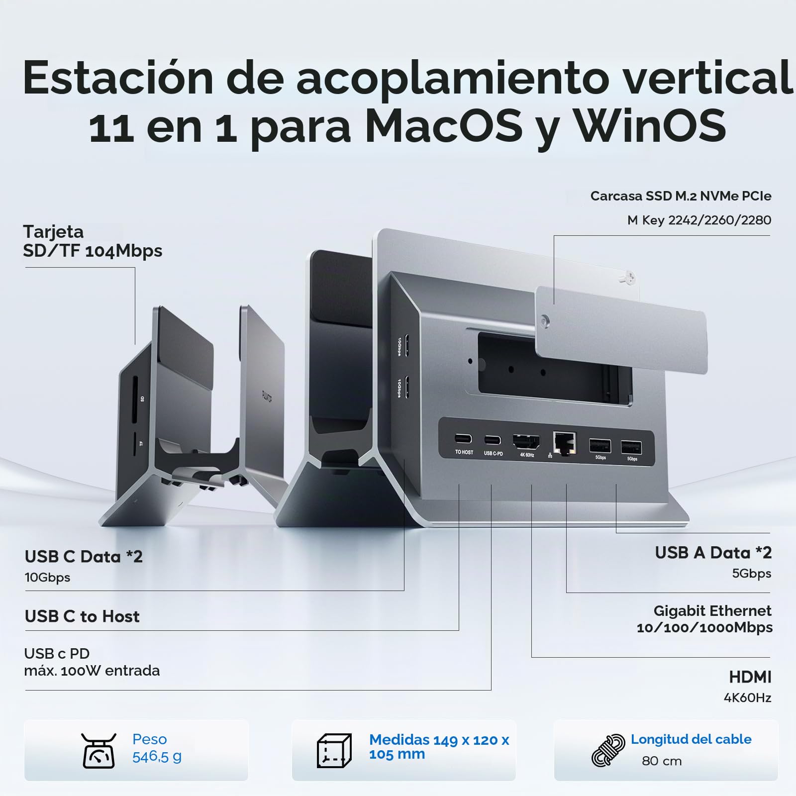 Estación de Acoplamiento Vertical para MacBook con Carcasa M.2 NVMe | PULWTOP Macbook Docking Station con M.2 NVMe SSD, HDMI 4K@60Hz, USB C 10Gbps, SD/TF, RJ45, para Windows y MacBook, Gris
