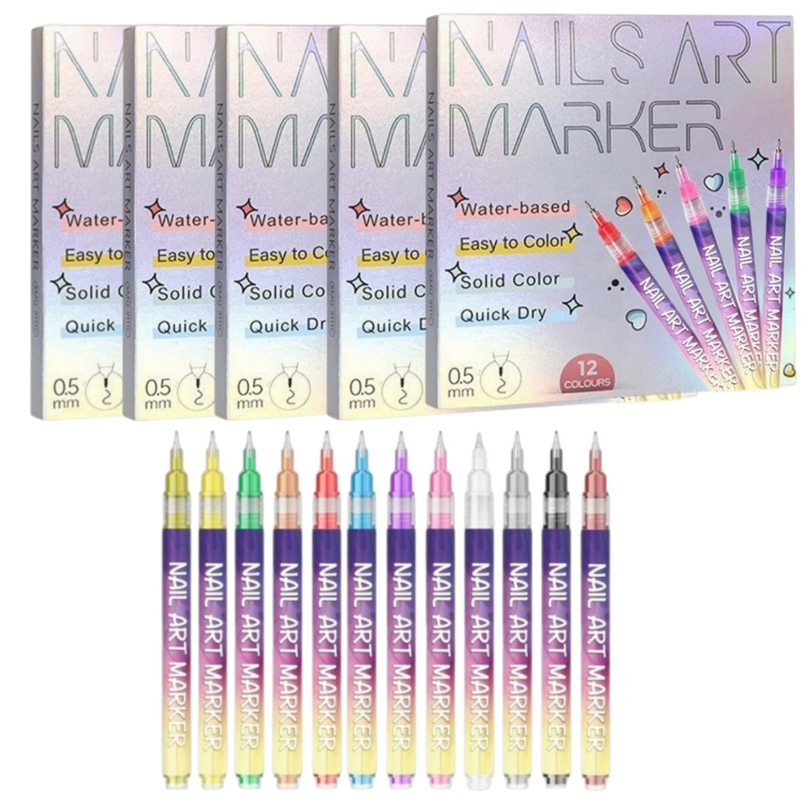 Pióro 3D Nail Art Zestaw 12 kolorów, flamastry do paznokci z metalową końcówką 0,5 mm, marker akrylowy, szybkoschnący marker akrylowy, narzędzie do manicure'u, do dekoracji paznokci i graffiti
