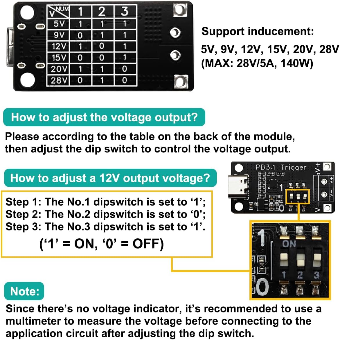 USB-C PD3.0 3.1 QC Trigger Charging Module Type-C Female Input 5V 9V 12V 15V 20V 28V 5A Adjustable Voltage Power PD Sink Board Module Fast Charge Power Trigger(2PCS) image 3