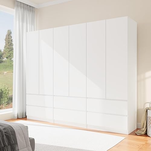 Miniatura 3 de Armario Armario con 6 puertas, armario de madera con 6 cajones, barra para colgar y estantes, armarios independientes para dormitorio (blanco, 3)
