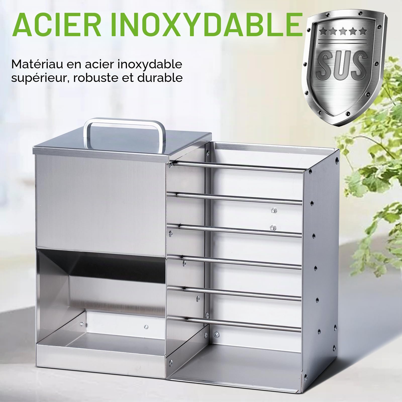 Râtelier à foin 2 en 1 en acier inoxydable - Distributeur de nourriture pour lapins - Litière pour chat - Bouteille d'eau - Gamelles pour hamster