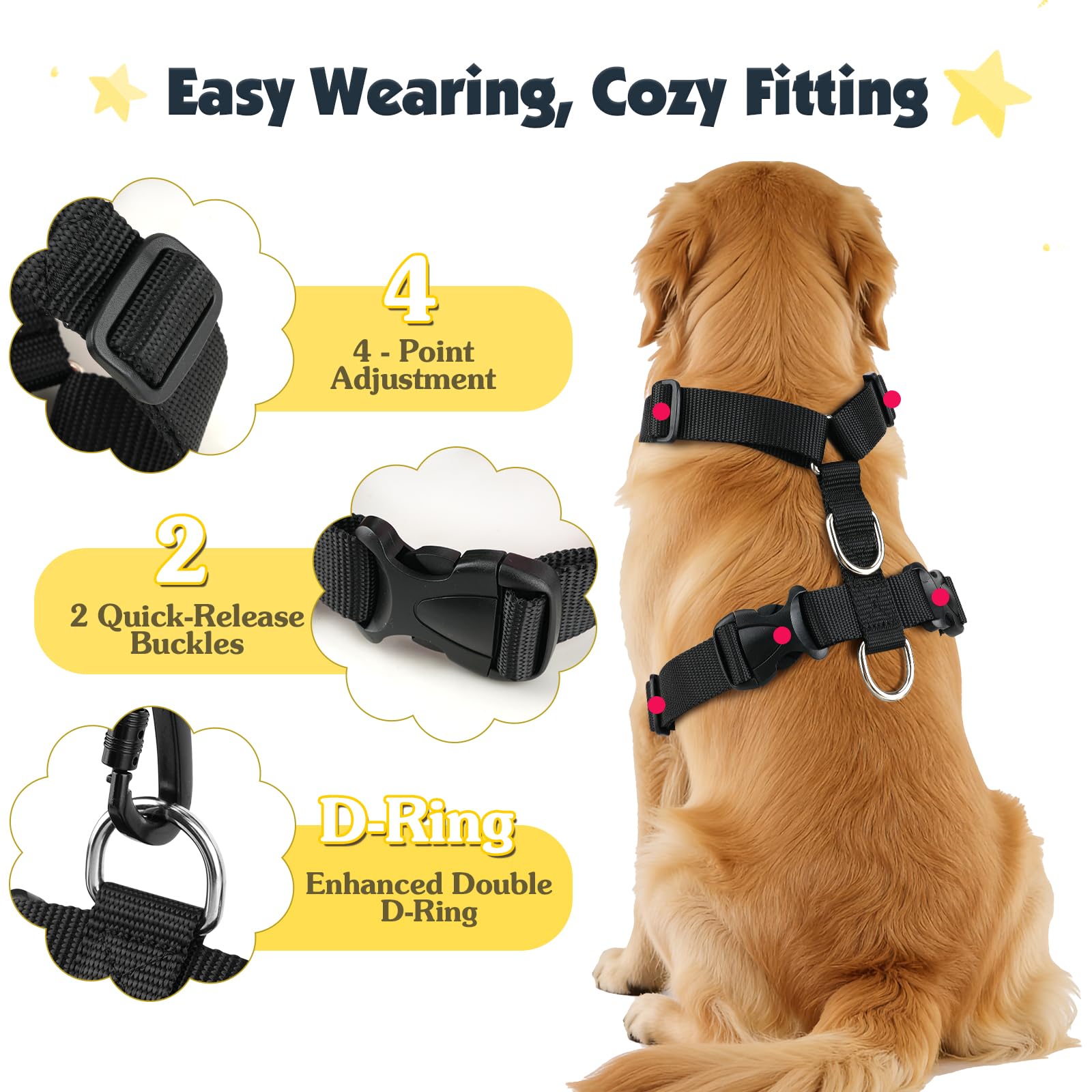 Pawaboo Dog Seat Belt Harness for Car, Dog Car Harness Seatbelt with Double Clips, Adjustable Breathable Pet Vest & Dogs Safety Tether with Elastic Bungee for Small Medium Large Pet, L, Black - image 5