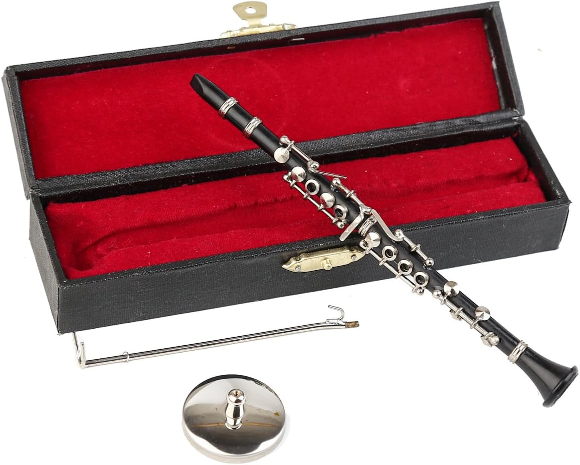 Miniature Clarinet with Stand and Case Mini Musical Instrument Clarinet Replica Collectible Figurines Dollhouse Accessories Model Home Decoration Display Ornament (6.25")