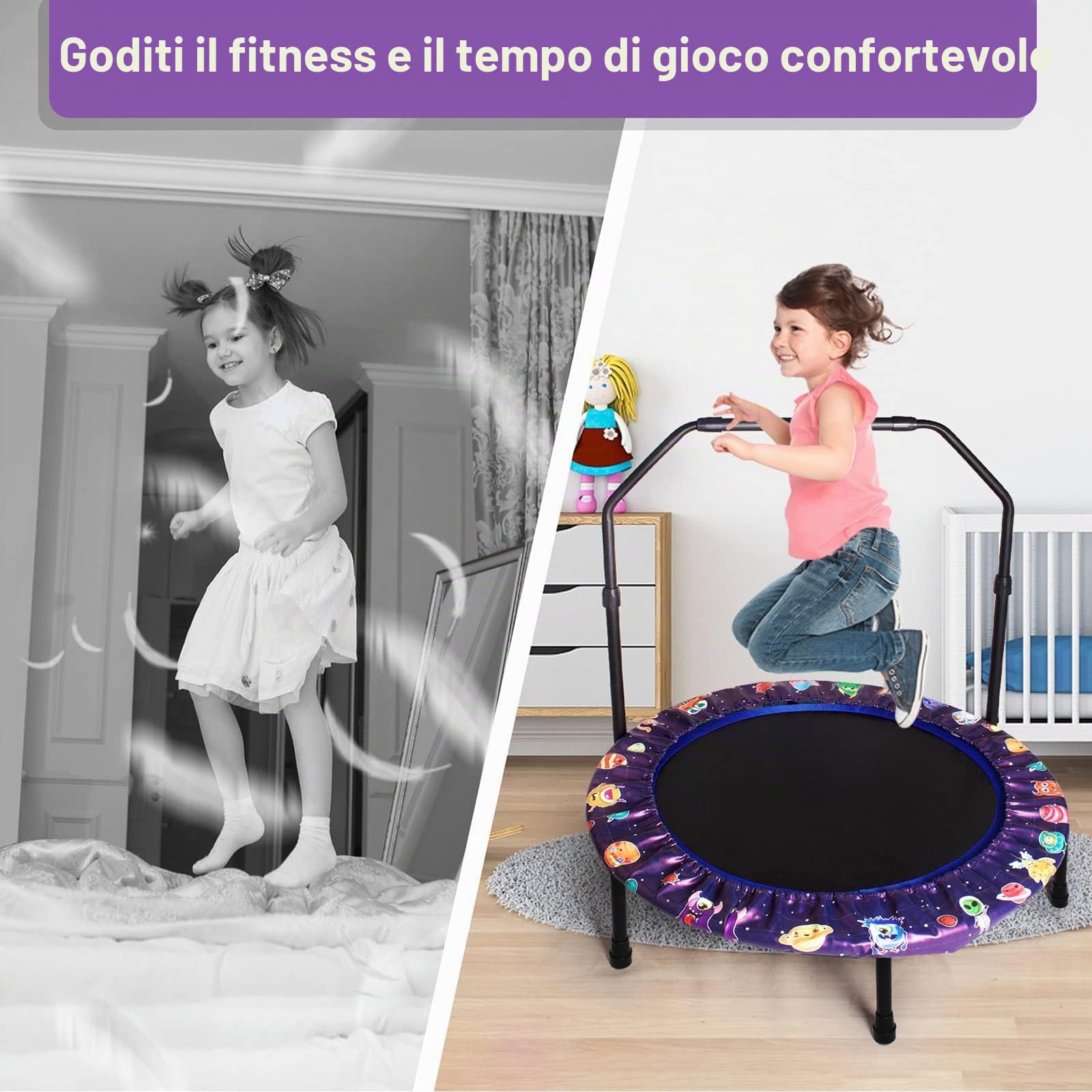 Trampolino elastico per bambini, diametro 91 cm, con manico e imbottitura di sicurezza, per bambini dai 2 anni in su, per interni ed esterni, copertura imbottita