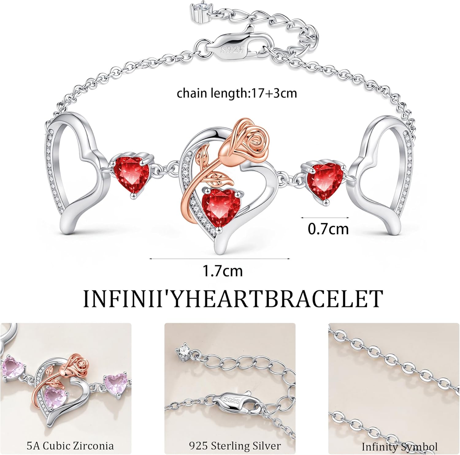 JKK Valentines Day Gifts for Her - 925 Sterling Silver Rose Heart Birthstone Bracelet Birthday Anniversary Jewelry Gifts for Her Wife - Image 6