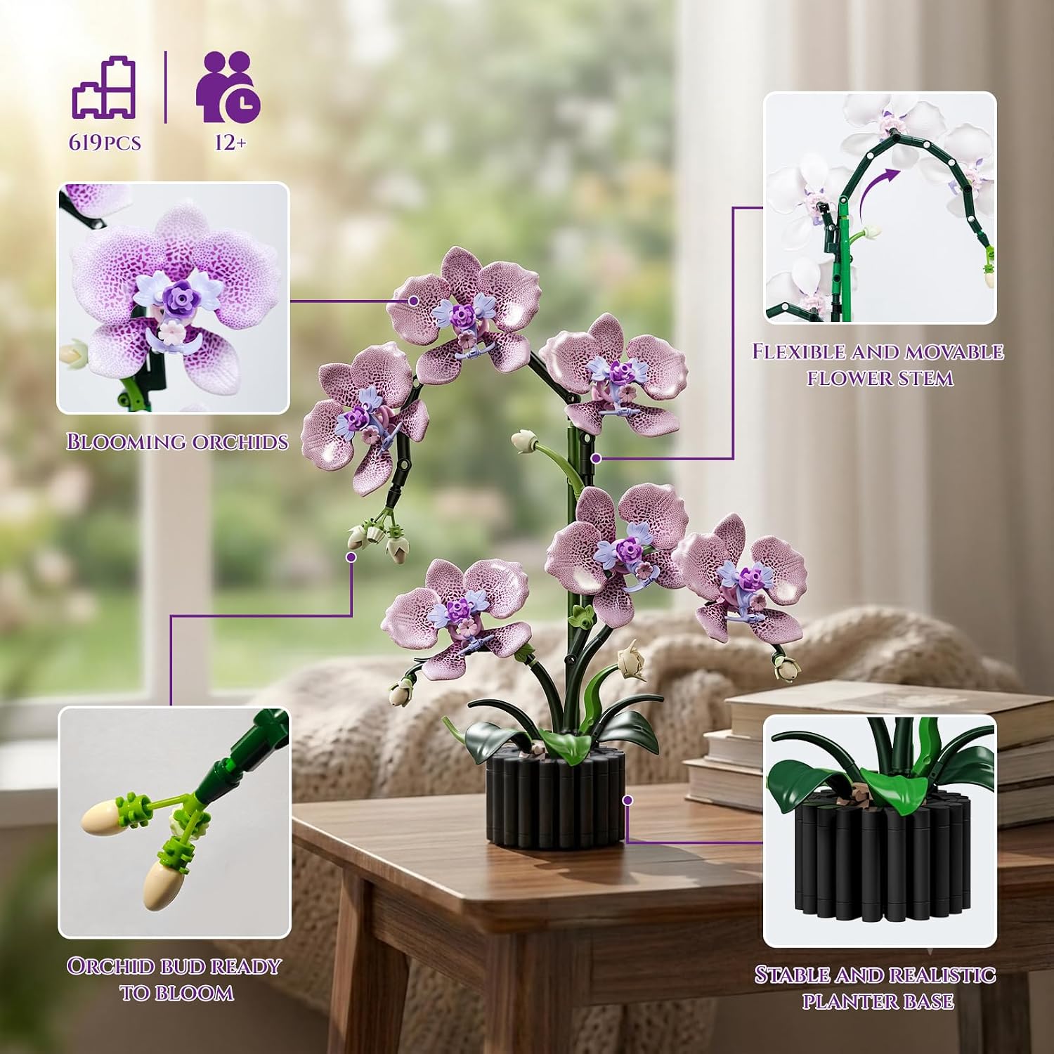 Orchid Purple Building Blocks Flower Set - Plant Toy Gift for Adults & Kids | Compatible with Lego,619 PCS orchid model,Botanical Bonsai Plant Collection, Home Decor Gift for Adults Women Girls and 12+,