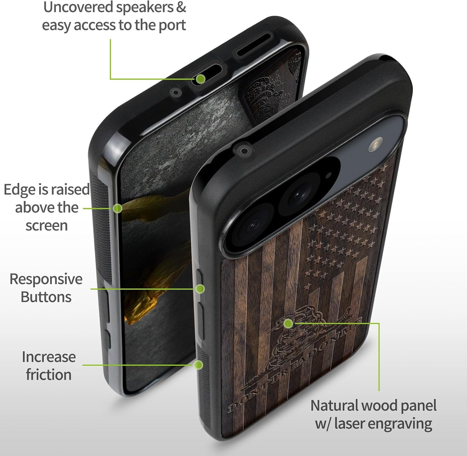 Carveit Magnetic Wooden Case for Google Pixel 9 Case, Wood Artisan Engraved & Soft TPU Shockproof Cover, Compatible with MagSafe Wireless Chargers (Gadsden and American Flag) Walnut
