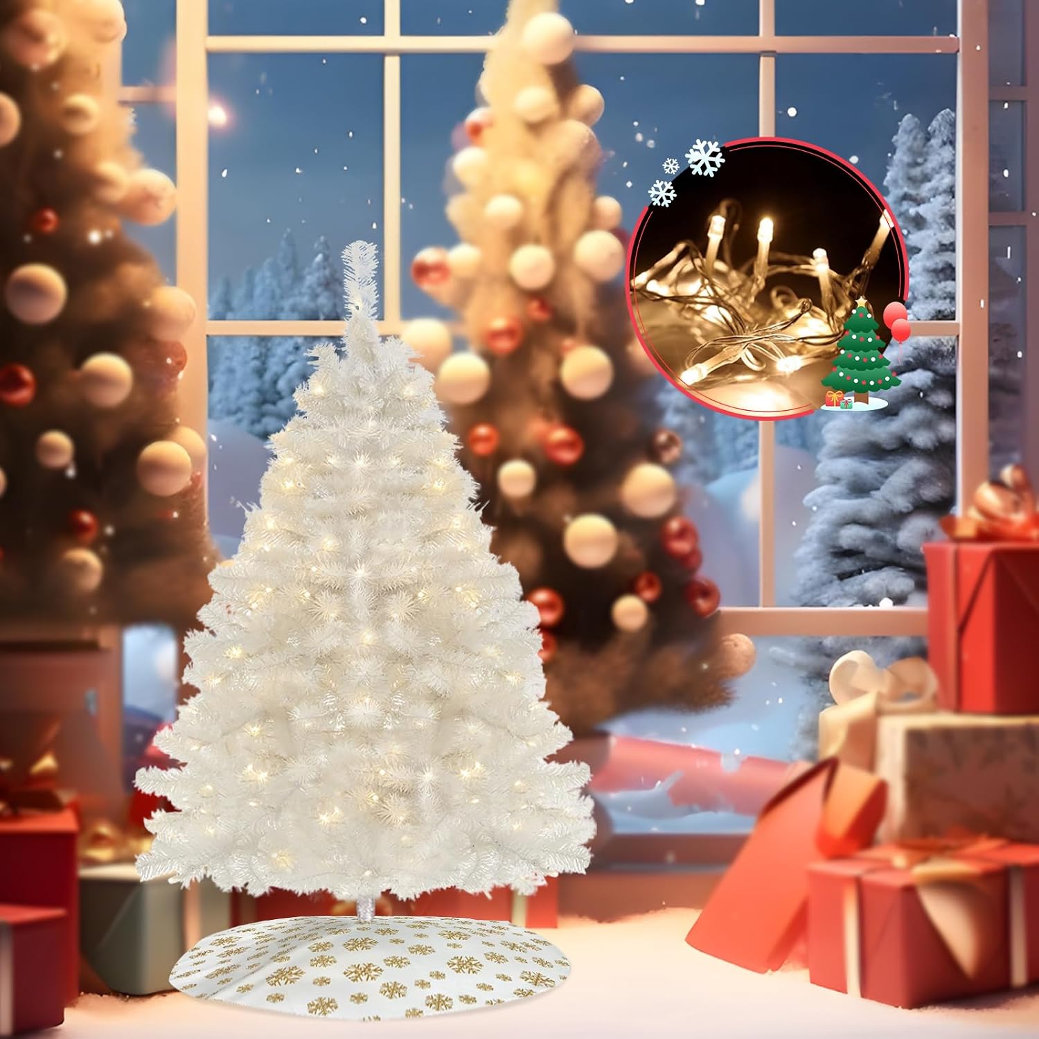 Mini Christmas Tree, 24in/60cm Artificial Tabletop Christmas Tree with LED String Lights, for Holiday Office & Room Decor