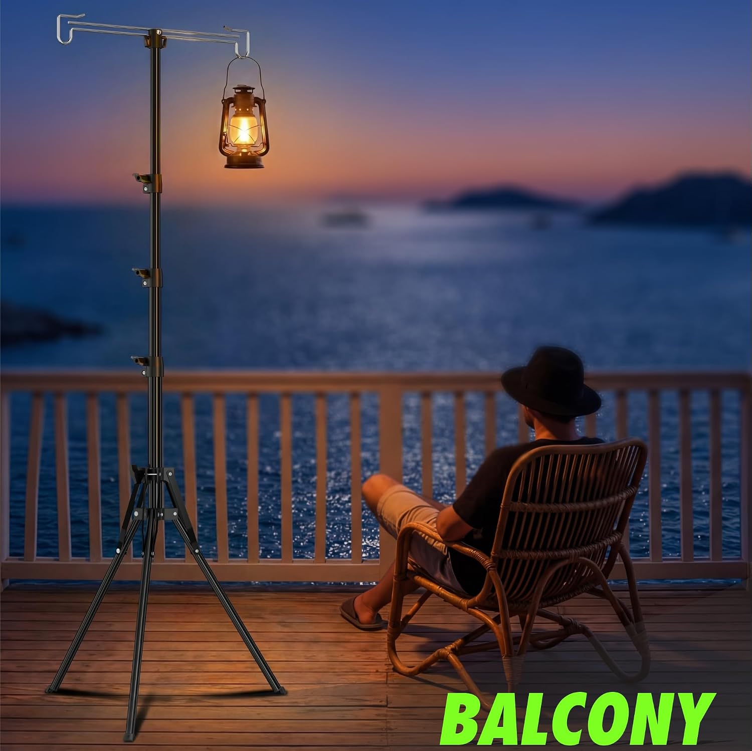 Telescopic Height Adjustable Camping Lantern Tripod Stand - 2-Hook Lantern Hanger for Outdoor Camping/RV/Tent